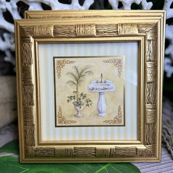 3 VINTAGE GOLD FRAMED PALM TREE NAUTICAL COASTAL BATHROOM PICTURES Bundle Bamboo - Picture 5 of 14